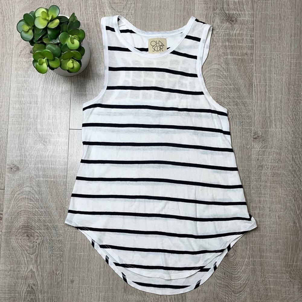 CHASER Women's White & Black Stripe Sleeveless Crochet Back Tunic Tank Top